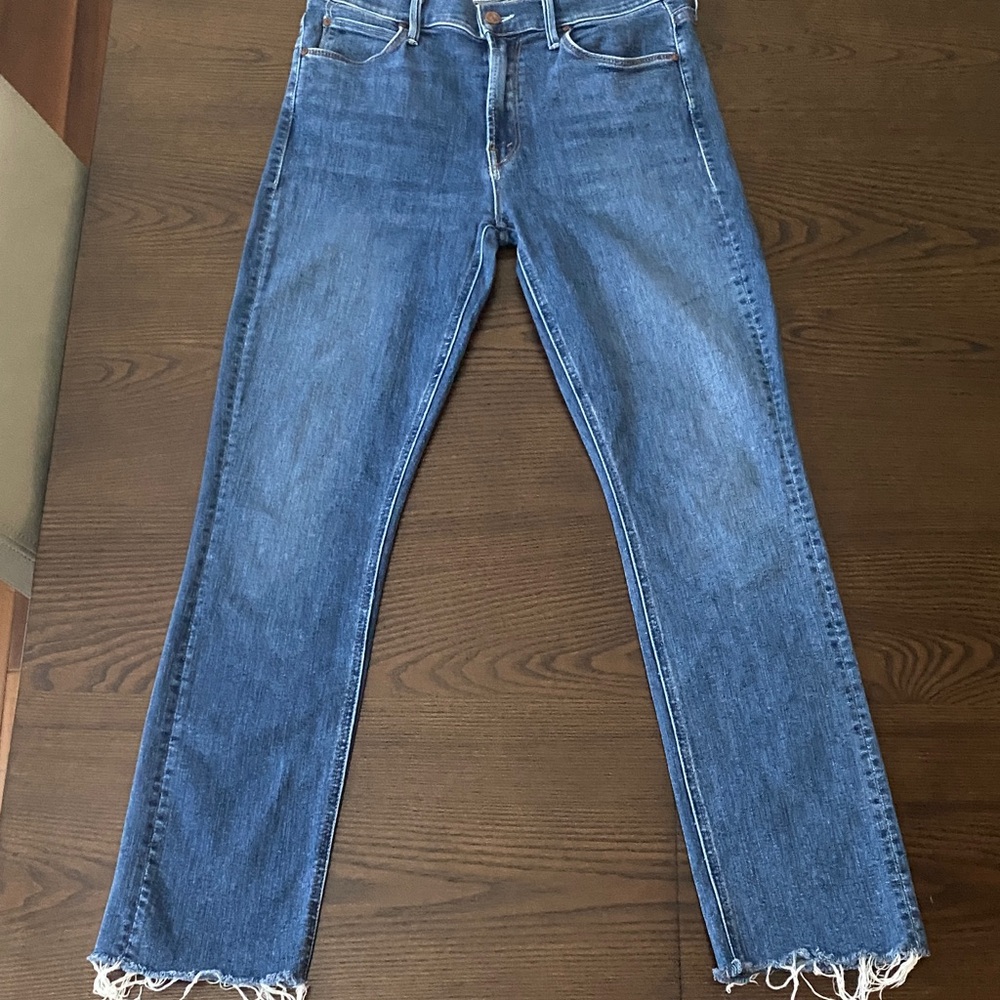 MOTHER Blue Frayed Hem Wide-Leg Jeans